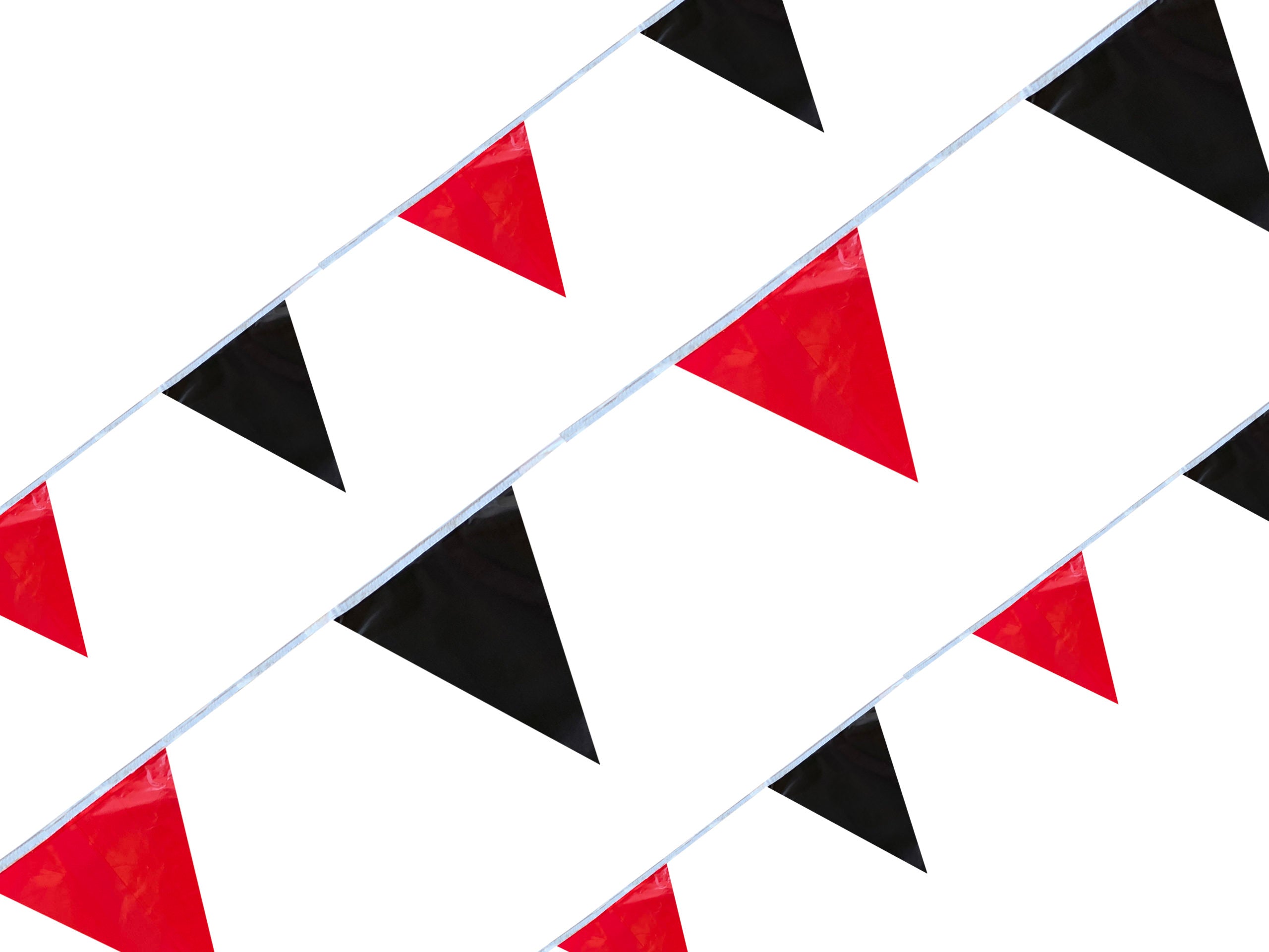 Tira de banderines triangulares intercalados rojo y negro con guía de rafia blanca, ideal para decoración de eventos, fiestas, exposiciones, tiendas y más, apto para exteriores. Tira de banderines triangulares intercalados rojo y negro con guía de rafia blanca, ideal para decoración de eventos, fiestas, exposiciones, tiendas y más, apto para exteriores.